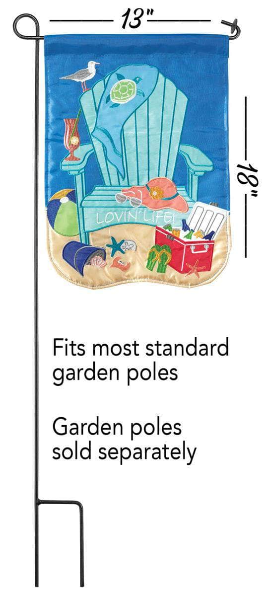 Lovin' Life Beach Chair Garden Flag with double-thickness design, intricate applique stitching, and durable nylon construction for beach-inspired outdoor décor.