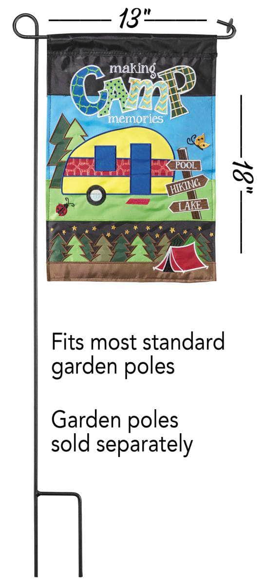 Making Camp Memories Garden Flag with double-thickness design, intricate applique stitching, and durable nylon construction for outdoor adventure décor.