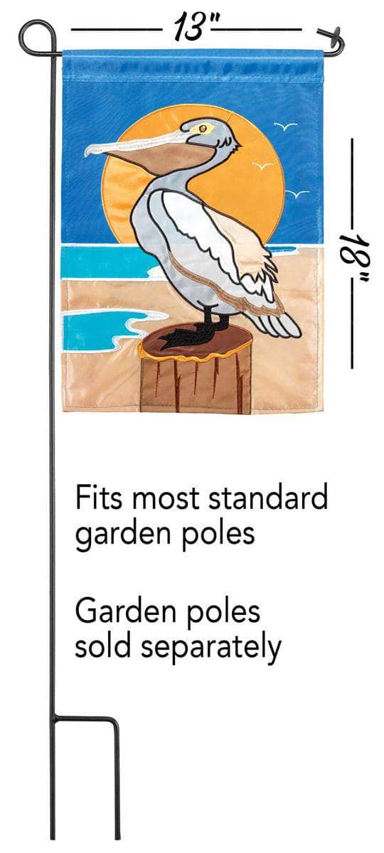 Pelican Sun Garden Flag with double-thickness design, intricate applique stitching, and durable nylon construction for coastal outdoor décor.