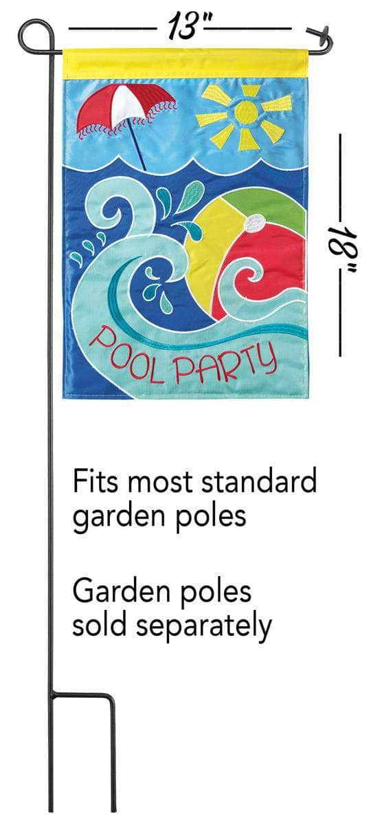 Pool Party Umbrella Garden Flag with double-thickness design, intricate applique stitching, and durable nylon construction for vibrant outdoor décor.