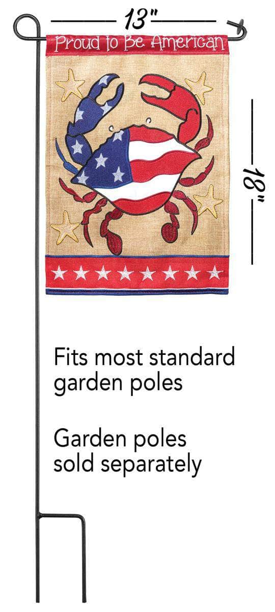 Proud To Be American Crab Garden Flag with double-thickness design, intricate applique stitching, and durable nylon construction for patriotic outdoor décor.