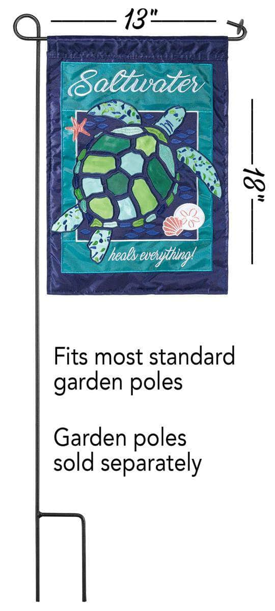 Saltwater Heals Everything Garden Flag with double-thickness design, intricate applique stitching, and durable nylon construction for coastal outdoor décor.