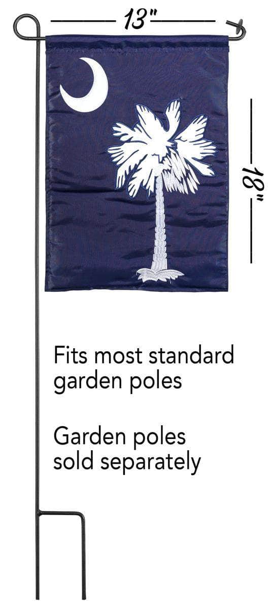 South Carolina State Garden Flag with double-thickness design, intricate applique stitching, and durable nylon construction for patriotic outdoor décor.