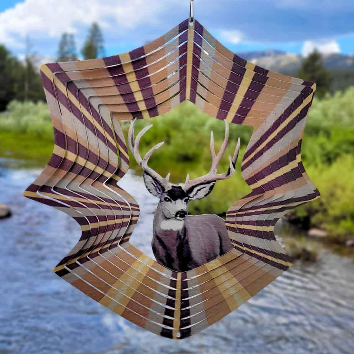 12-inch mule deer metal spinner creates a mesmerizing animated effect, adding vibrant color and dynamic motion to your garden, patio, or outdoor decor with a wildlife design.