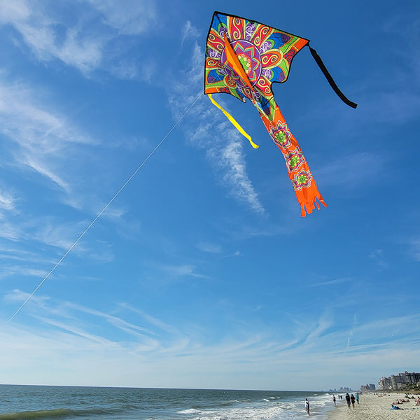Large Easy Flyer Kite - Mandala with intricate design, perfect for stable flying in winds from 5 to 18 mph.