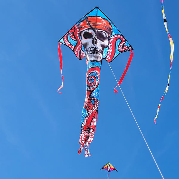 Large Easy Flyer Kite - Pirate Octopus with whimsical design, perfect for stable flying in winds from 5 to 18 mph.