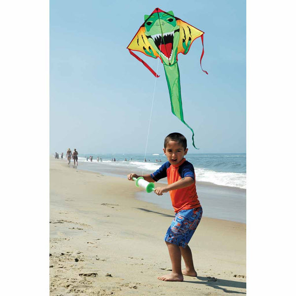 Large Easy Flyer Kite - T-Rex with dynamic design, perfect for stable flying in winds from 5 to 18 mph.