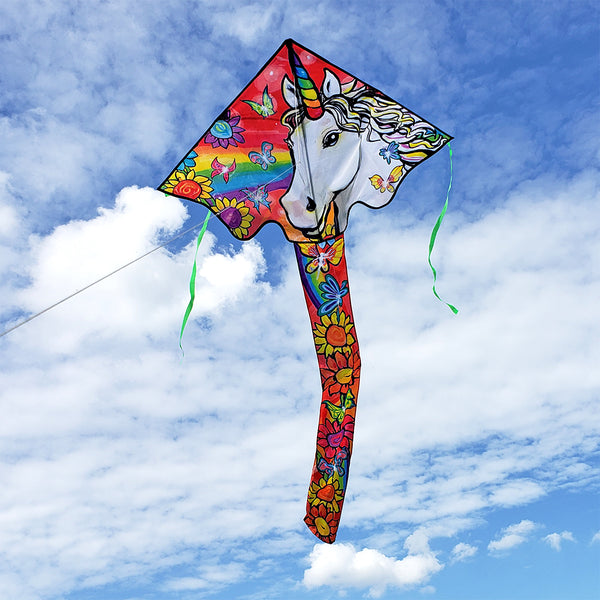 Large Easy Flyer Kite - Unicorn Flowers with enchanting design, perfect for stable flying in winds from 5 to 18 mph.