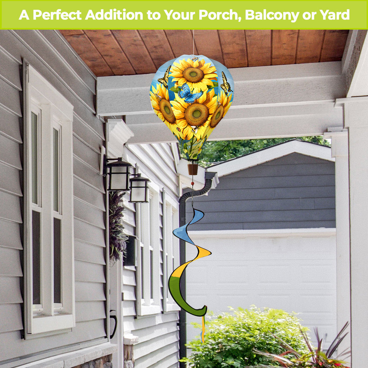 Sunflower hot air balloon spinner with bright yellow blooms, durable polyester, and smooth motion for radiant, garden-inspired outdoor decoration.