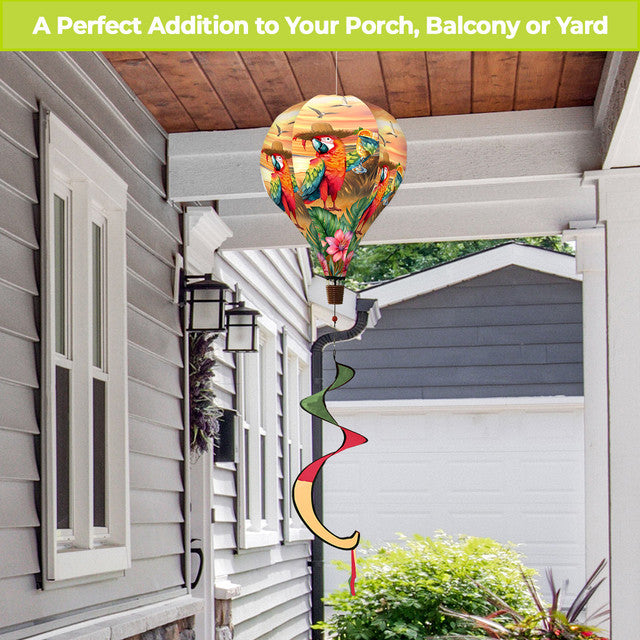 Tropical hot air balloon spinner with sunset parrot design, vibrant colors, and durable spinning tail for bold and breezy outdoor garden or patio décor.