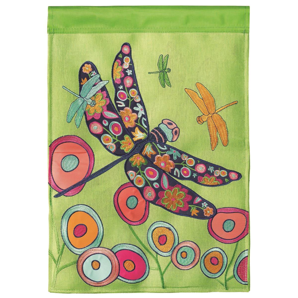 Dragonflies Polyester 29x42 Flag featuring double applique design, durable polyester, and vibrant embroidery for nature-inspired outdoor décor.