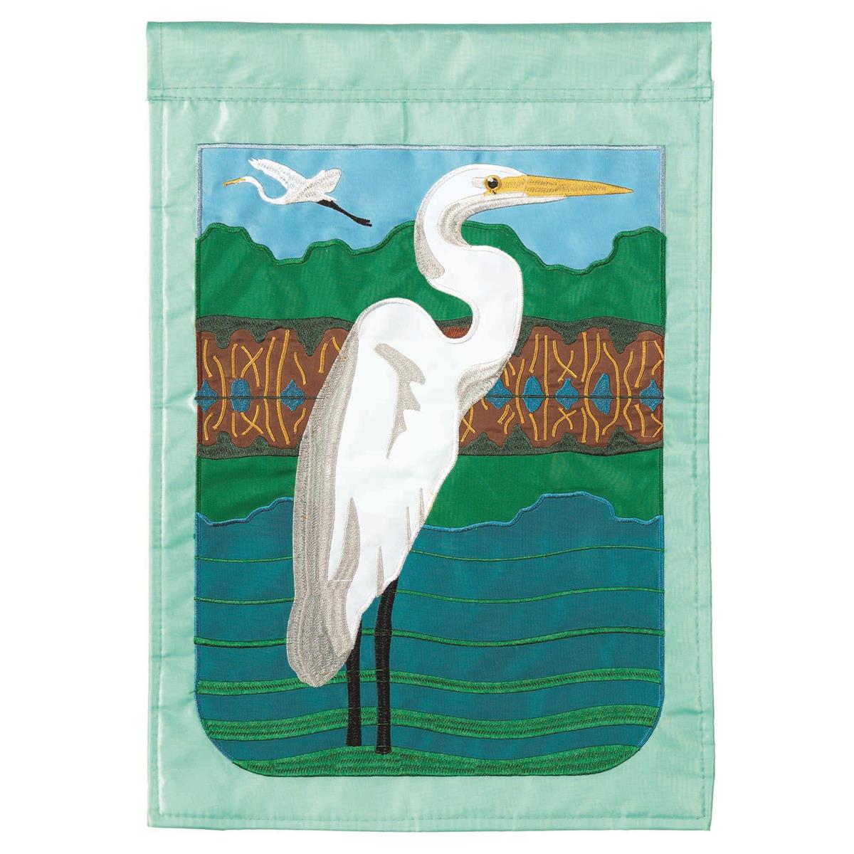 Egret 29x42 Flag featuring double applique design, durable polyester, and vibrant embroidery for coastal outdoor elegance.