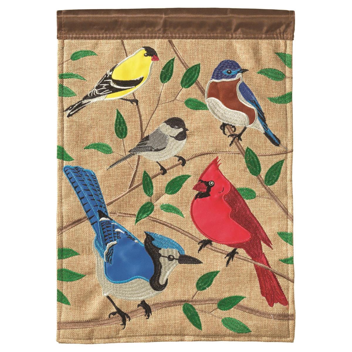Flag 5 Songbirds Burlap Polyester 13x18 featuring double applique design, durable 300-denier polyester, and vibrant embroidery for elegant outdoor décor.