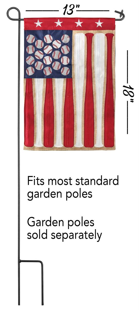 Flag Baseball 13x18 garden flag displayed on a stand, showcasing vibrant double-sided design, durable polyester fabric, and perfect for outdoor sports decor.