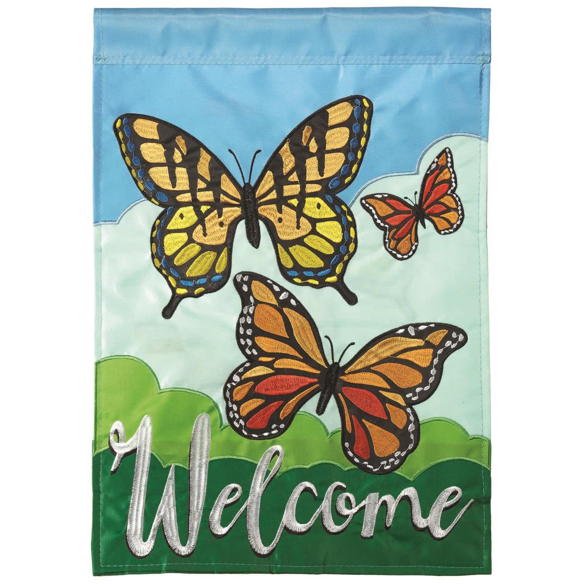 Flag Butterflies Welcome Polyester 29x42 featuring double applique design, durable polyester, and vibrant embroidery for lasting outdoor décor.