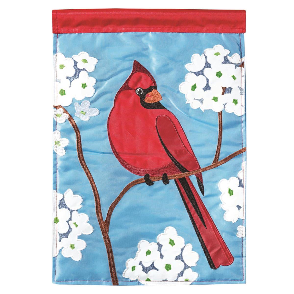 Flag Cardinal Blue Burlap 13x18 featuring double applique design, durable 300-denier polyester, and vibrant embroidery for timeless outdoor décor.