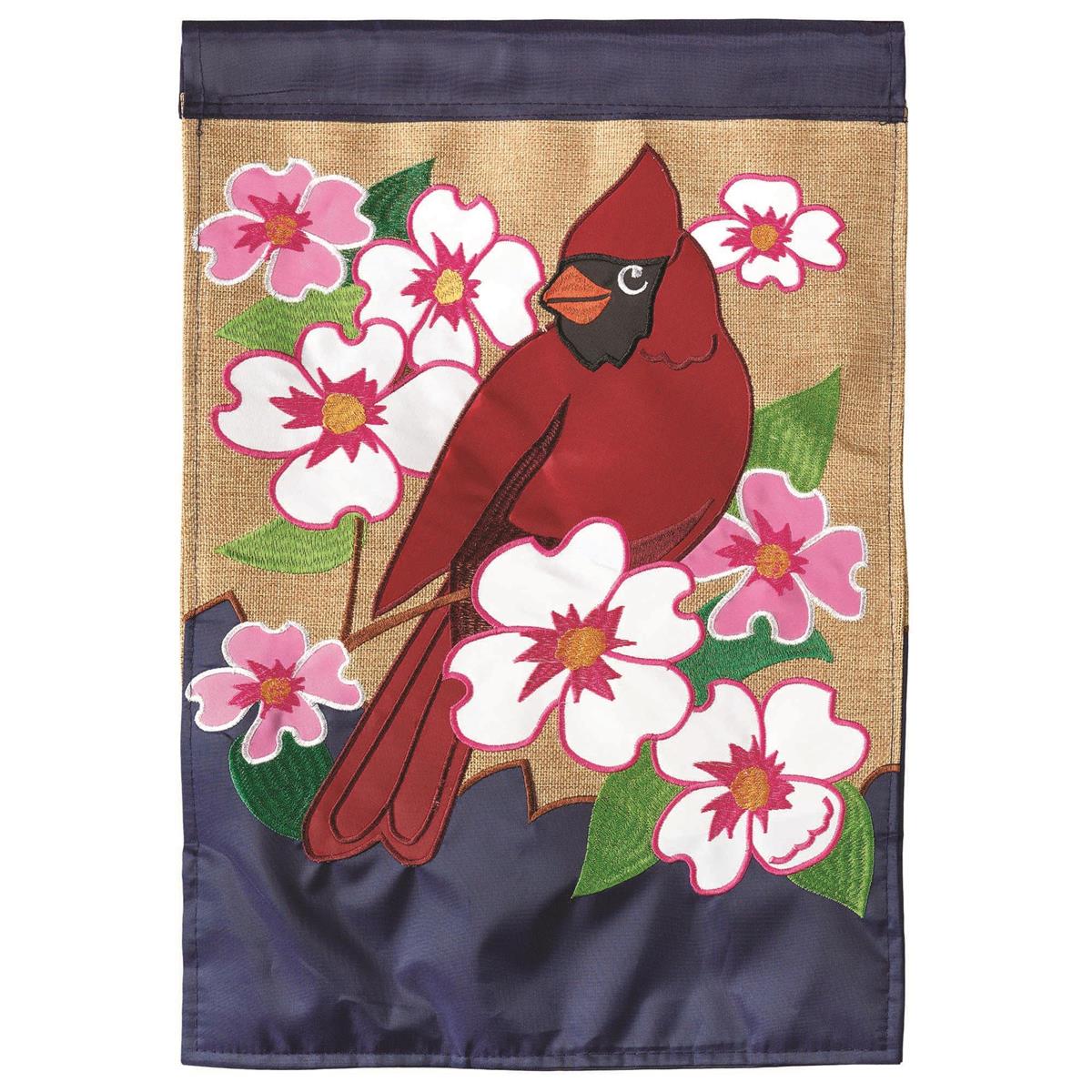 Flag Cardinal Dogwood Burlap 13x18 featuring double applique design, durable 300-denier polyester, and vibrant embroidery for timeless outdoor décor.