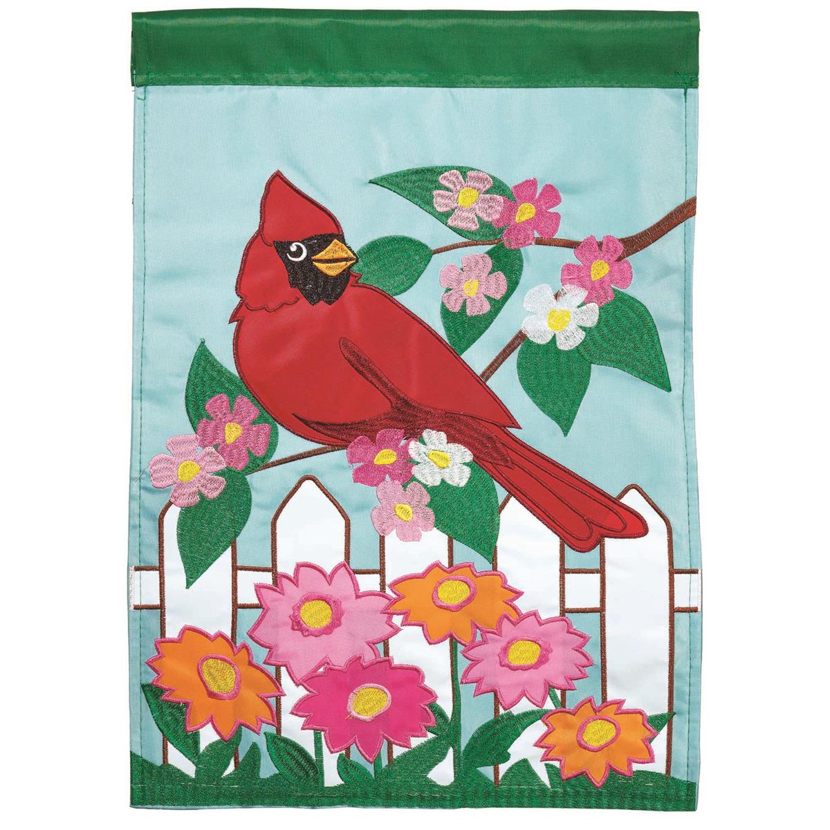 Flag Cardinal Polyester 13x18 featuring double applique design, durable 300-denier polyester, and vibrant embroidery for timeless outdoor décor.
