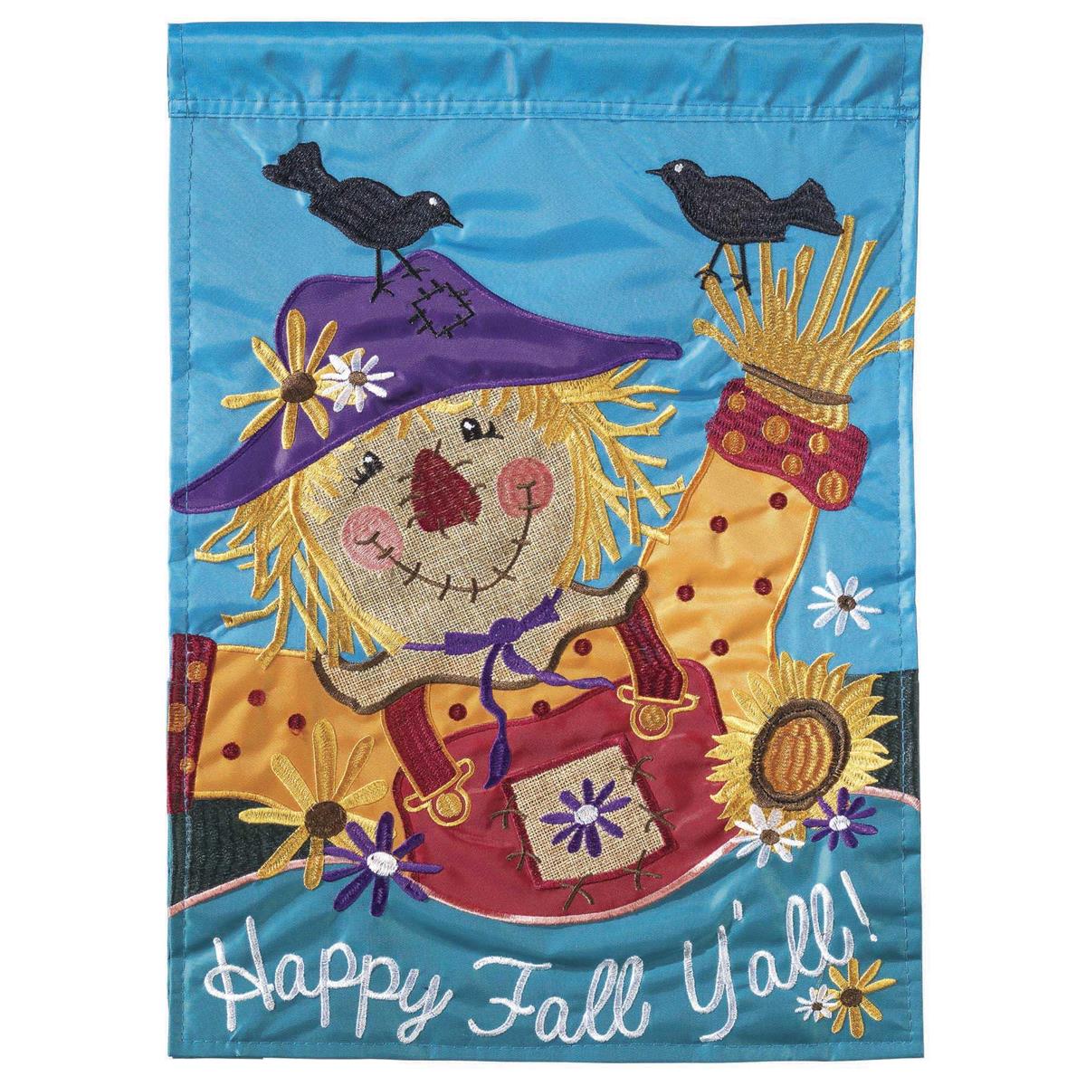 Flag Happy Fall Y'all 29x42 featuring double applique design, durable polyester, and vibrant embroidery for welcoming fall outdoor décor.