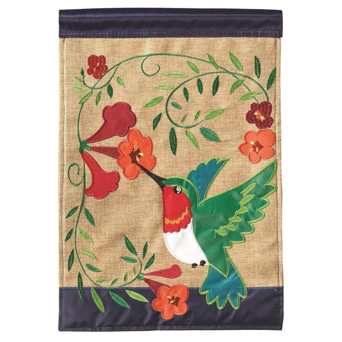 Flag Hummingbird Burlap Polyester 13x18 featuring double applique design, durable 300-denier polyester, and vibrant embroidery for outdoor charm.