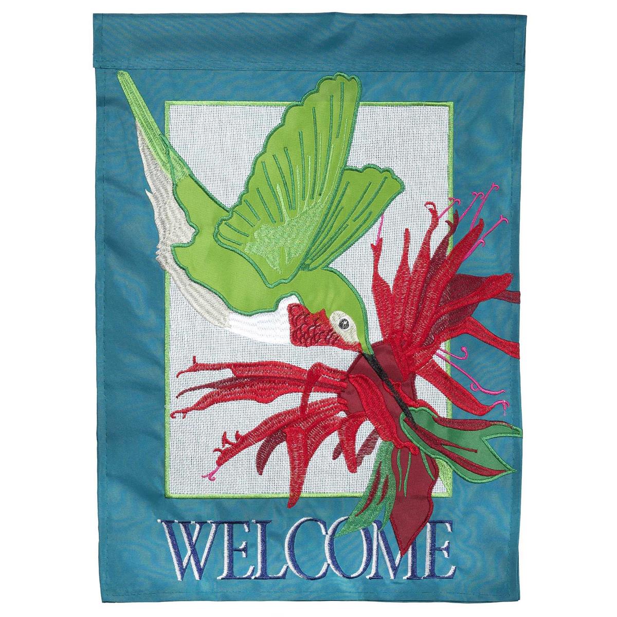 Flag Hummingbird Welcome Burlap 13x18 featuring double applique design, durable 300-denier polyester, and vibrant embroidery for elegant outdoor décor.
