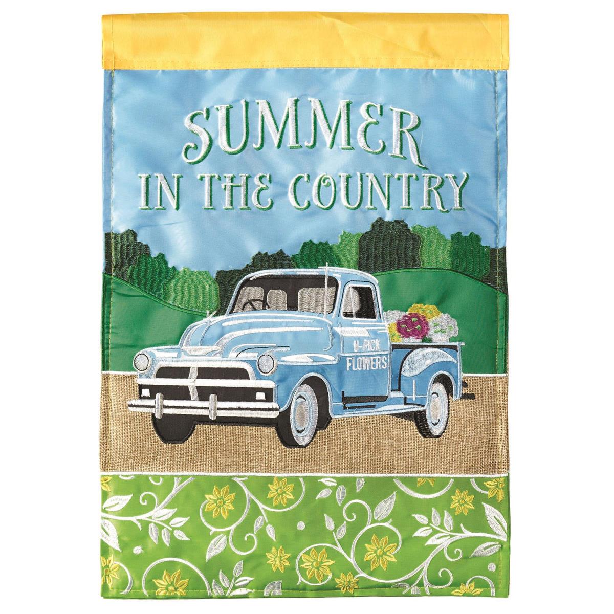 Flag Summer Flower Truck Burlap 29x42 featuring double applique design, durable polyester, and vibrant embroidery for lasting outdoor charm.
