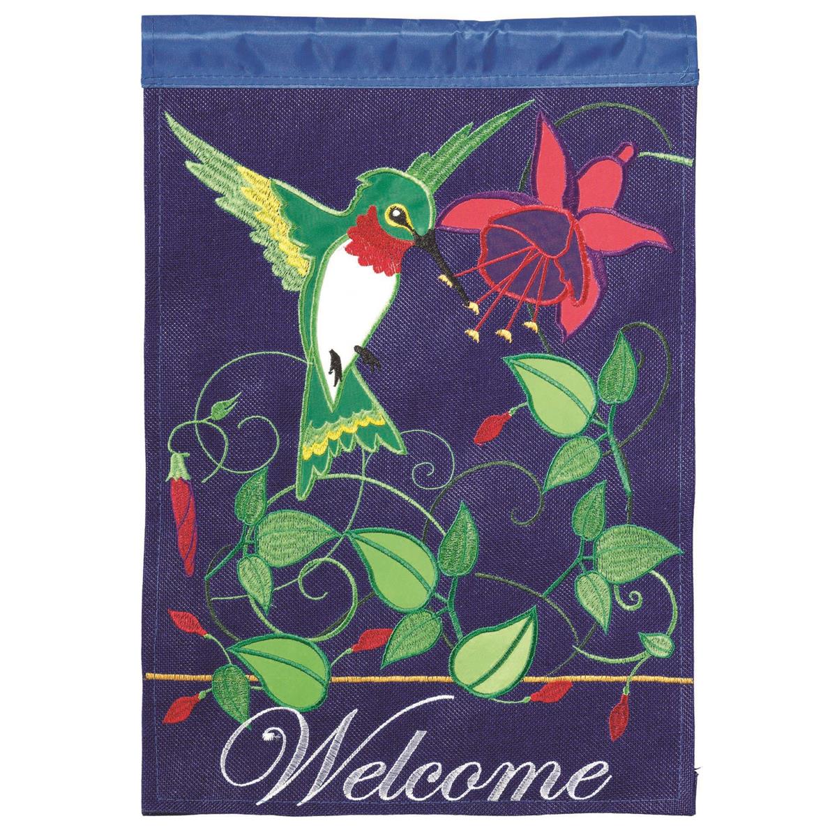 Flag Visitor Welcome Polyester 13x18 featuring double applique design, durable 300-denier polyester, and vibrant hummingbird embroidery for outdoor charm.
