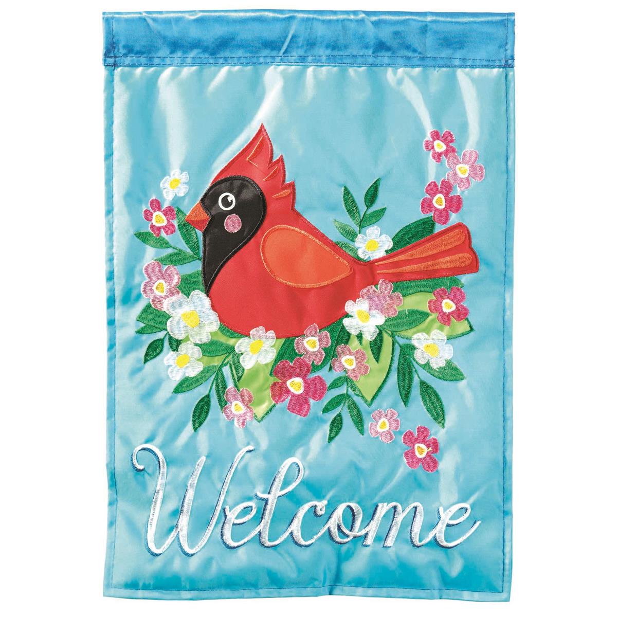 Flag Welcome Cardinal 13x18 featuring double applique design, durable 300-denier polyester, and vibrant embroidery for elegant outdoor décor.