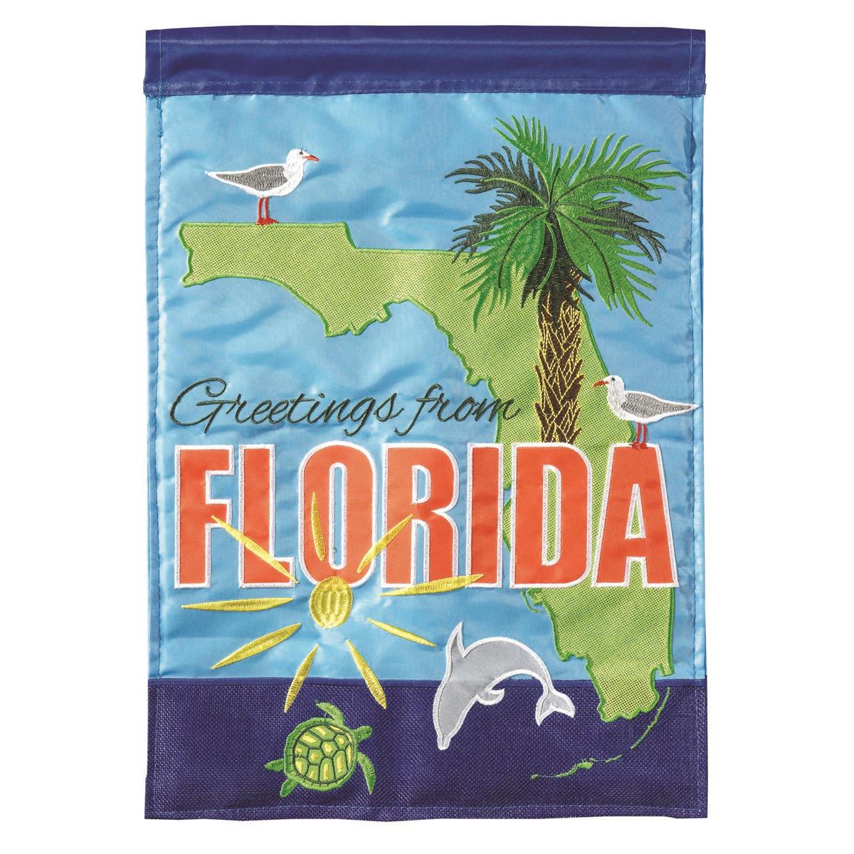 Florida State Greetings 29x42 Flag featuring double applique design, durable polyester, and vibrant embroidery for welcoming outdoor décor.