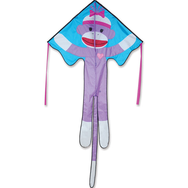 Large Easy Flyer Kite - Girly Sock Monkey with colorful design, perfect for stable flying in winds from 5 to 18 mph.