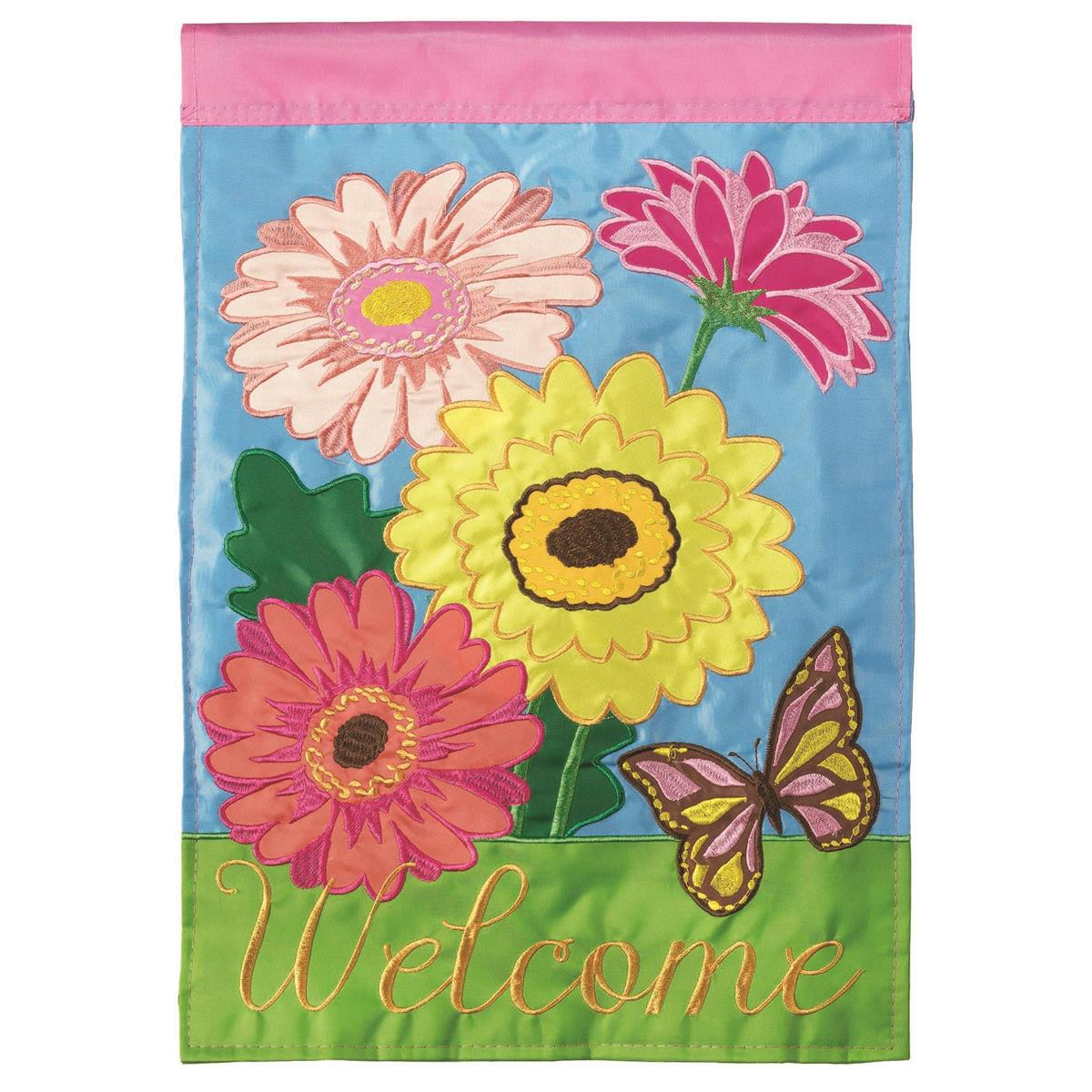 Gerber Daisy Welcome 29x42 Flag featuring double applique design, durable polyester, and vibrant embroidery for welcoming outdoor décor.