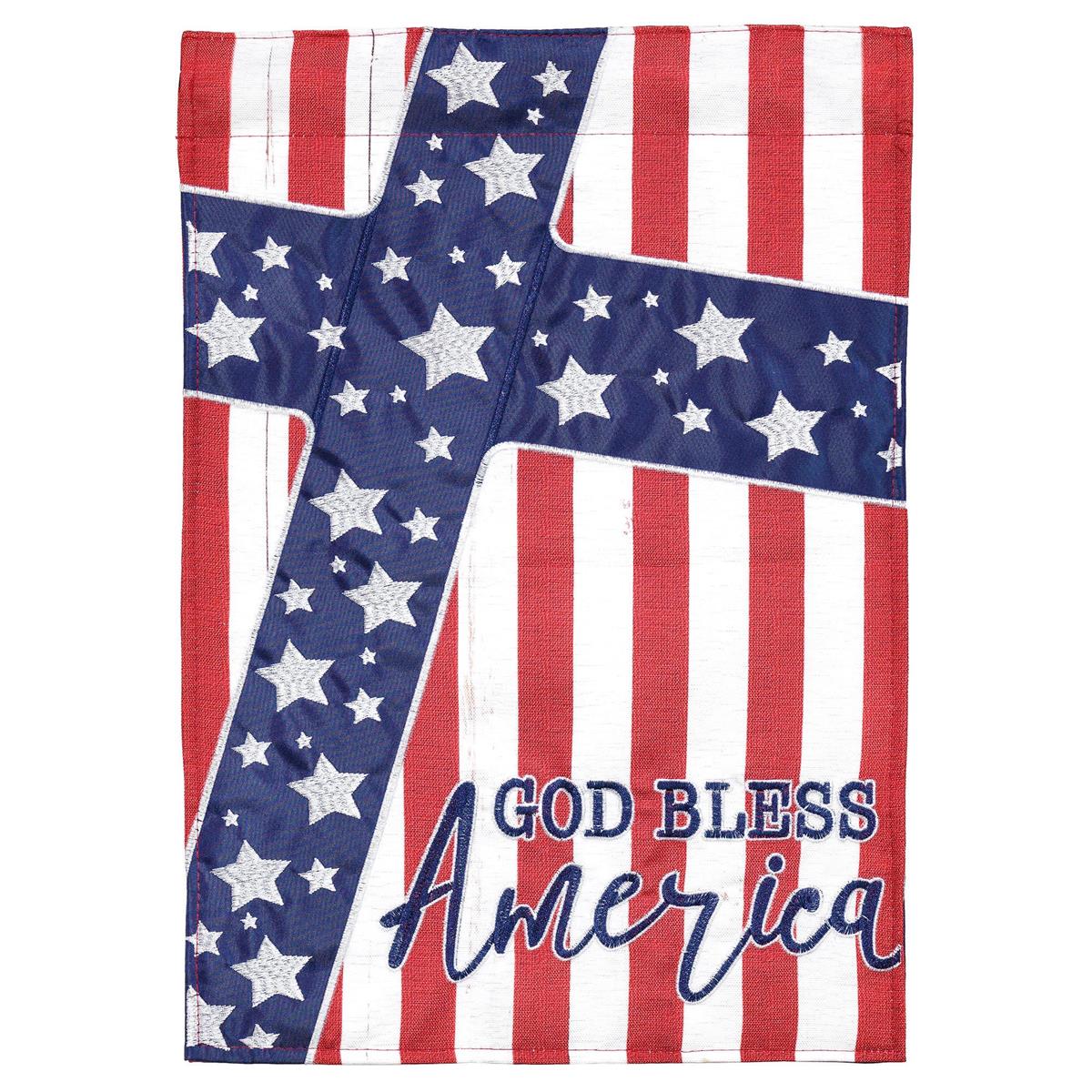 God Bless America Cross 29x42 Flag featuring double applique design, durable polyester, and vibrant embroidery for patriotic and faith-inspired outdoor décor.