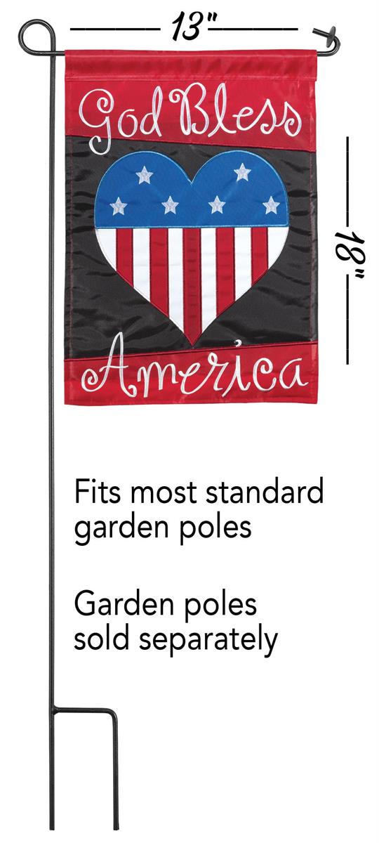 God Bless America Heart 13x18 garden flag displayed on a decorative stand, showcasing its bold design and durable weatherproof polyester.