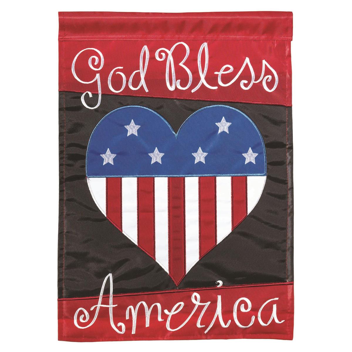 God Bless America Heart 13x18 garden flag with bold heart design and message, crafted from weatherproof polyester for lasting outdoor display.
