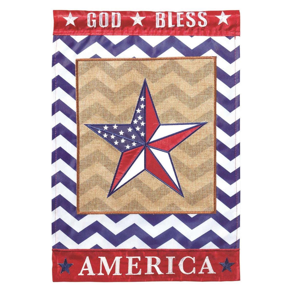 God Bless America Star 13x18 garden flag with bold star design and message, crafted from weatherproof polyester for lasting outdoor display.