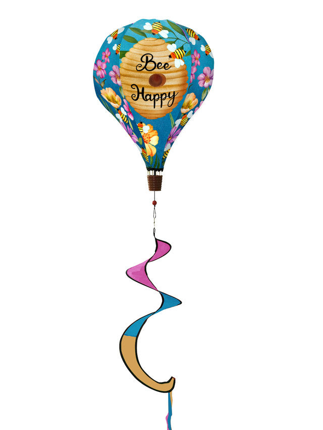 Hot air balloon spinner with buzzing bees, floral accents, and golden beehive design in weather-resistant polyester for joyful, breezy outdoor garden décor.