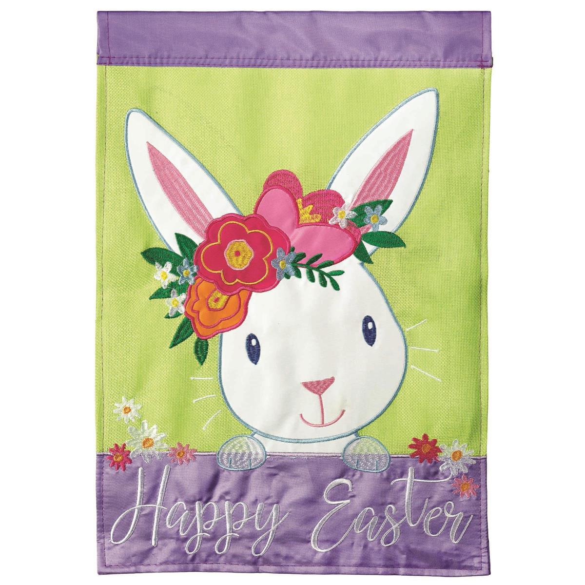 Happy Easter Bunny 29x42 Flag featuring double applique design, durable polyester, and vibrant embroidery for cheerful Easter outdoor décor.
