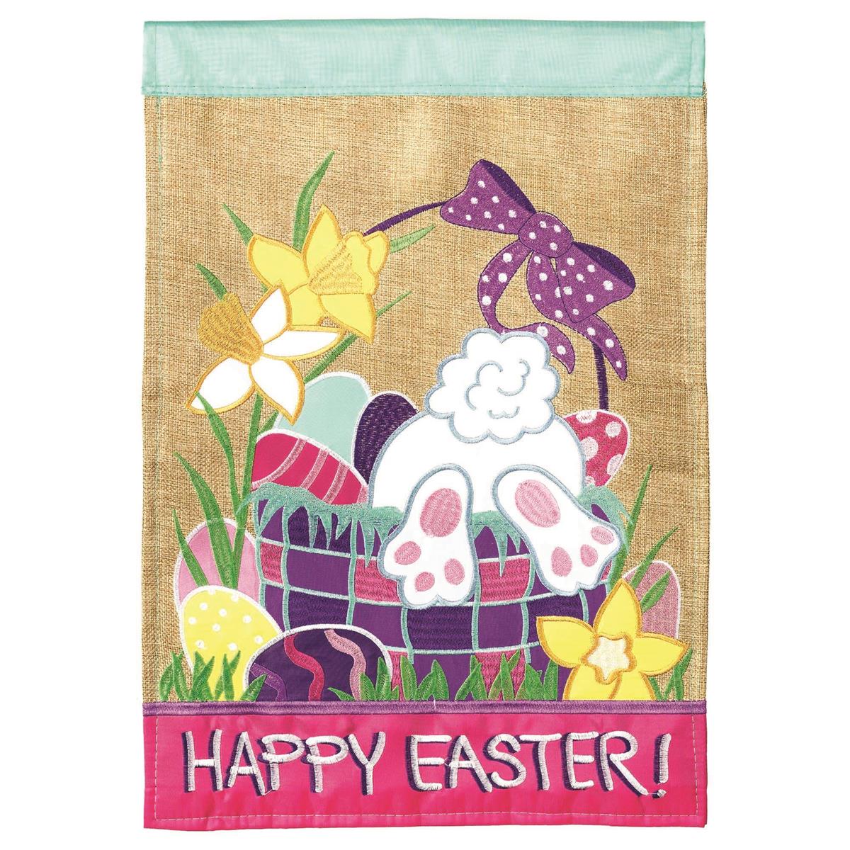 Happy Easter Burlap 29x42 Flag featuring double applique design, durable polyester, and vibrant embroidery for cheerful spring outdoor décor.