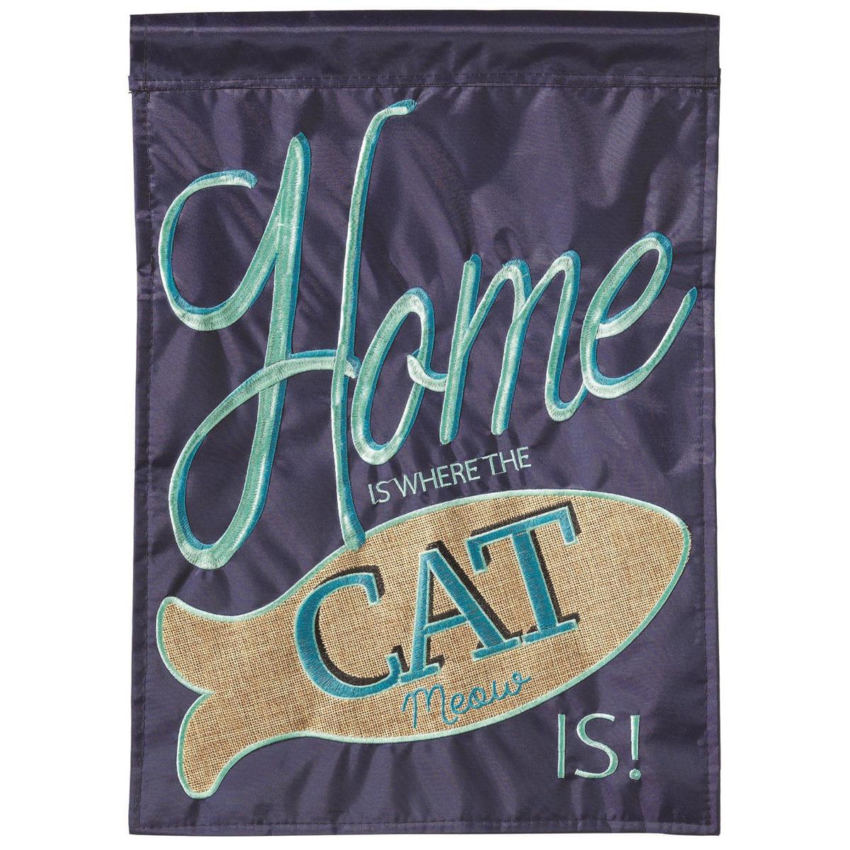 Home Is Where The Cat Burlap 29x42 Flag featuring double applique design, durable polyester, and vibrant embroidery for cat lover outdoor décor.