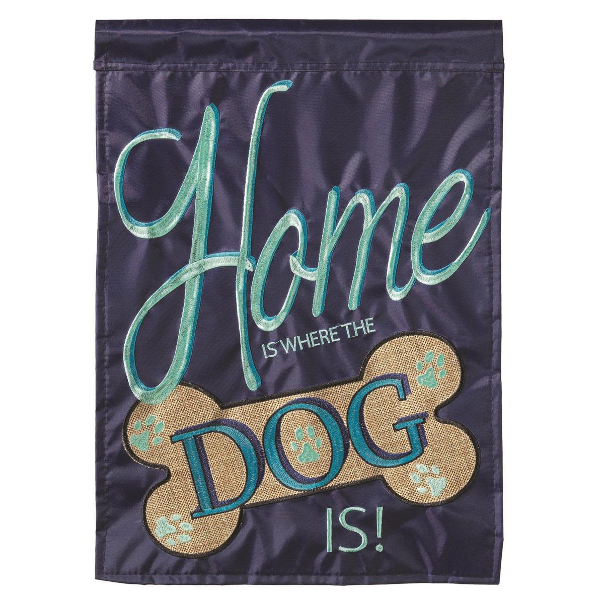Home Is Where The Dog Burlap 29x42 Flag featuring double applique design, durable polyester, and vibrant embroidery for pet-lover outdoor décor.