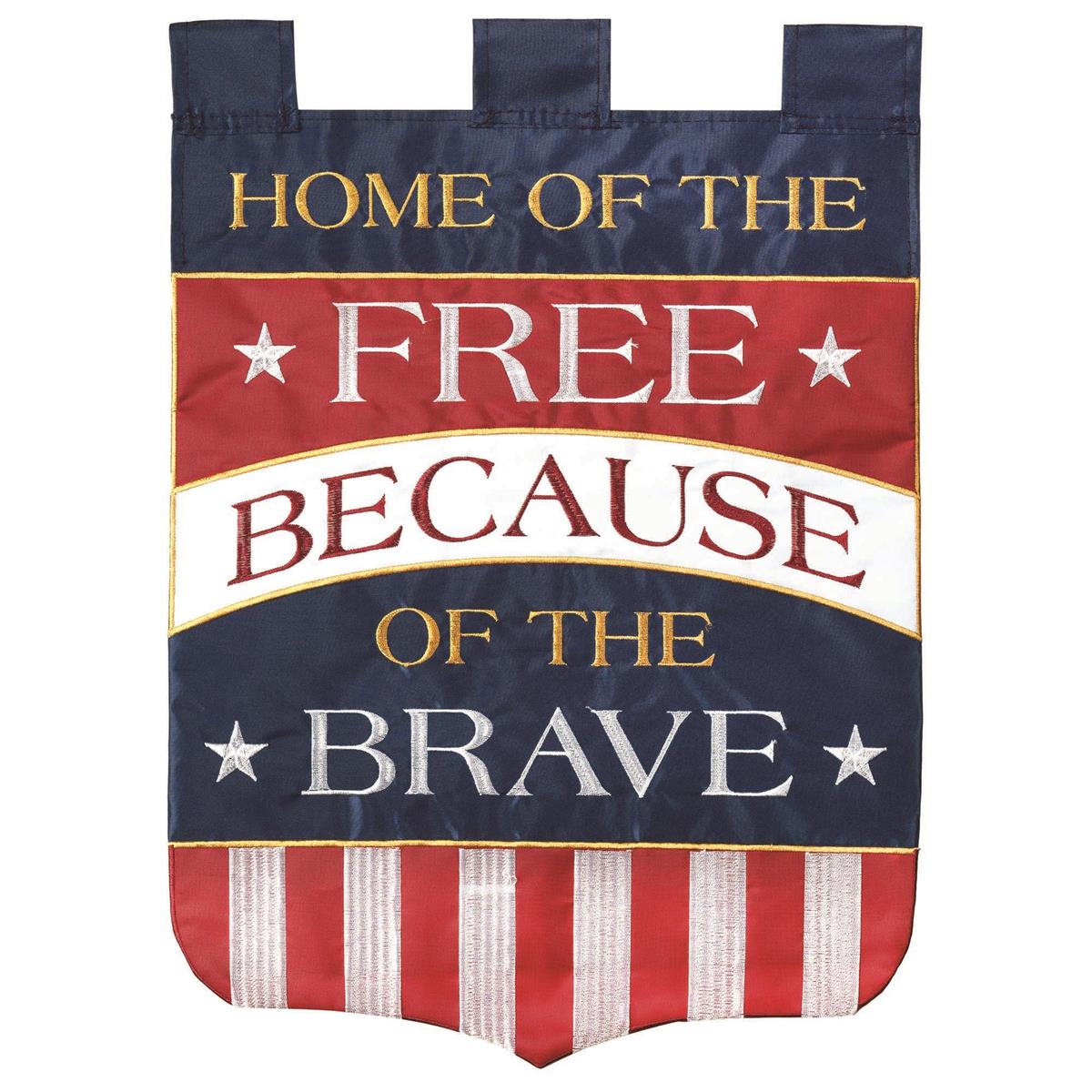 Home of the Free 29x42 Flag featuring double applique design, durable polyester, and vibrant embroidery for patriotic outdoor décor.