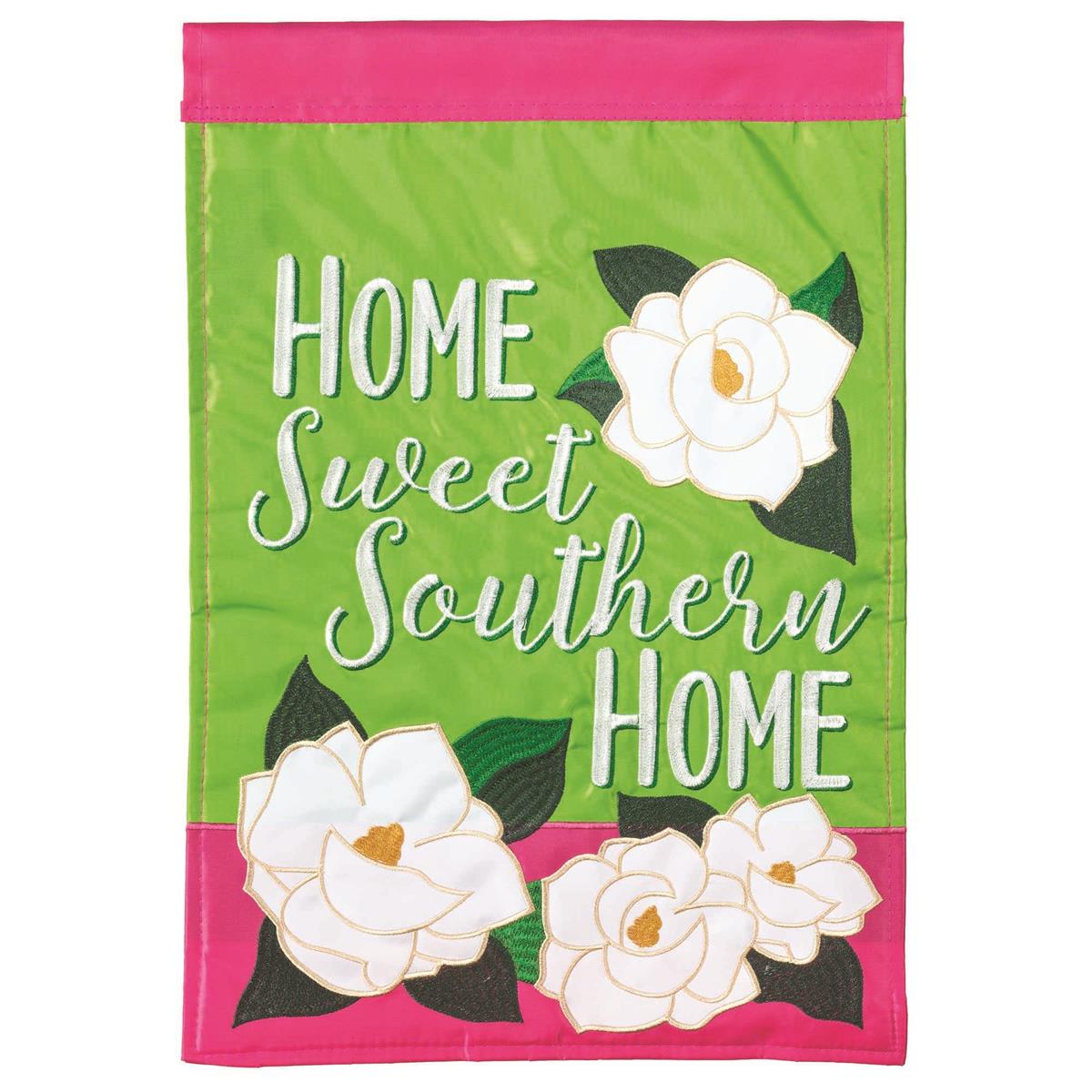 Home Sweet Southern Home Pink 29x42 Flag featuring double applique design, durable polyester, and vibrant embroidery for charming outdoor décor.