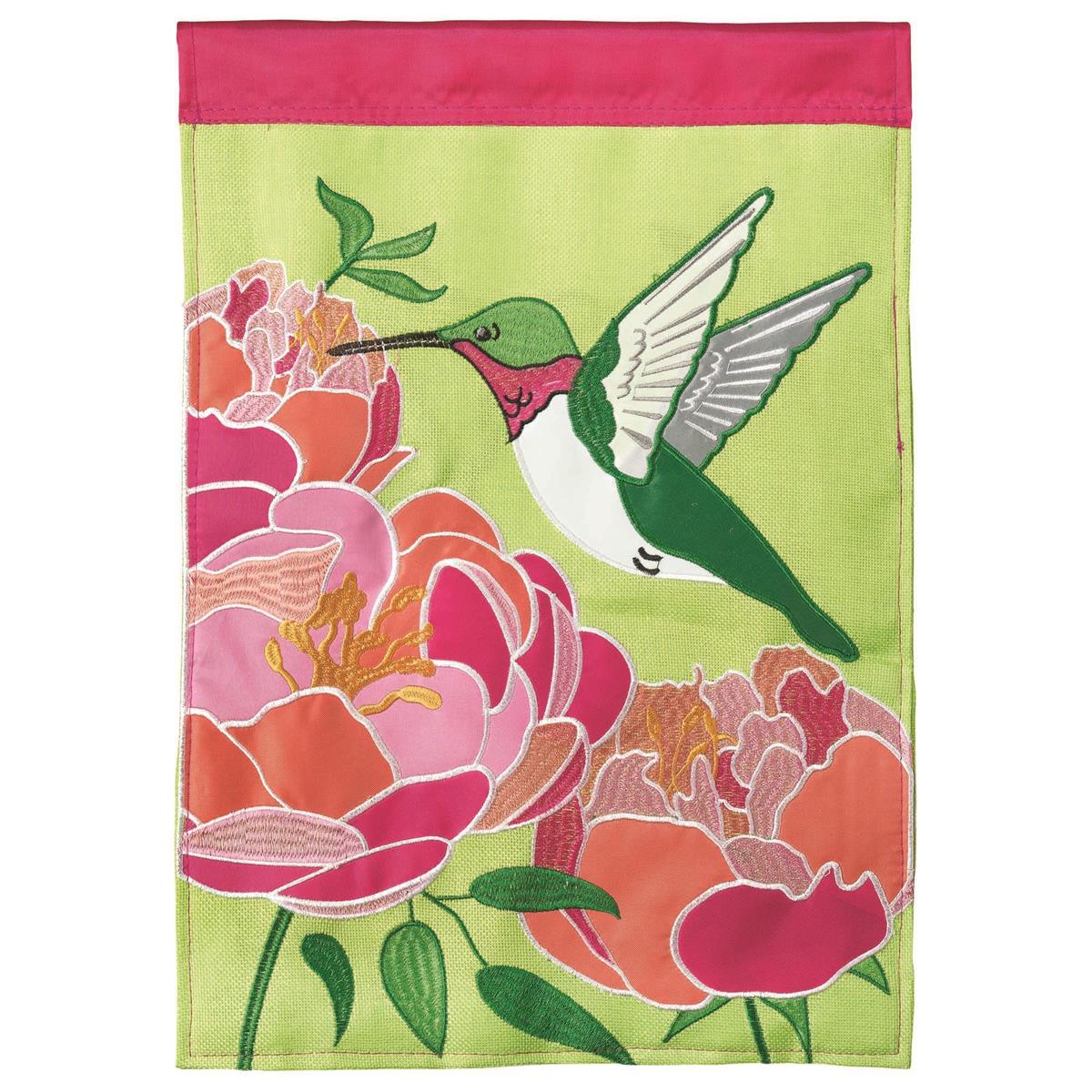 Hummingbird Burlap Polyester 29x42 Flag featuring double applique design, durable polyester, and vibrant embroidery for nature-inspired outdoor décor.