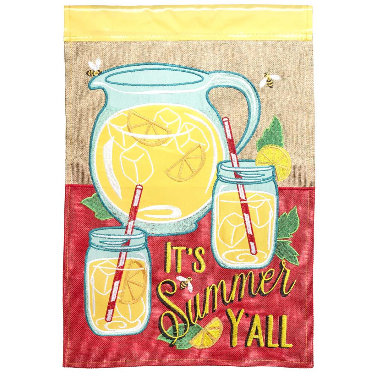 It's Summer Y'all 29x42 Flag featuring double applique design, durable polyester, and vibrant embroidery for cheerful outdoor southern décor.