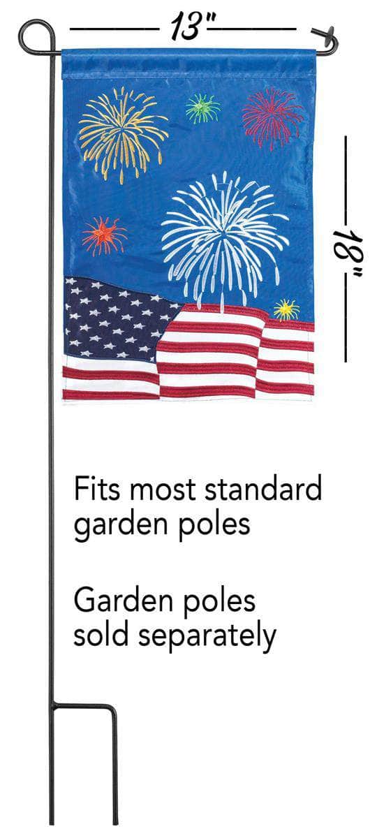 July 4th Fireworks 13x18 garden flag displayed on a decorative stand, showcasing its festive design and durable weatherproof polyester.
