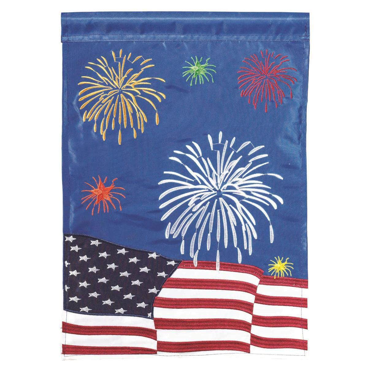 July 4th Fireworks 13x18 garden flag with vibrant fireworks design, crafted from weatherproof polyester for lasting outdoor display.