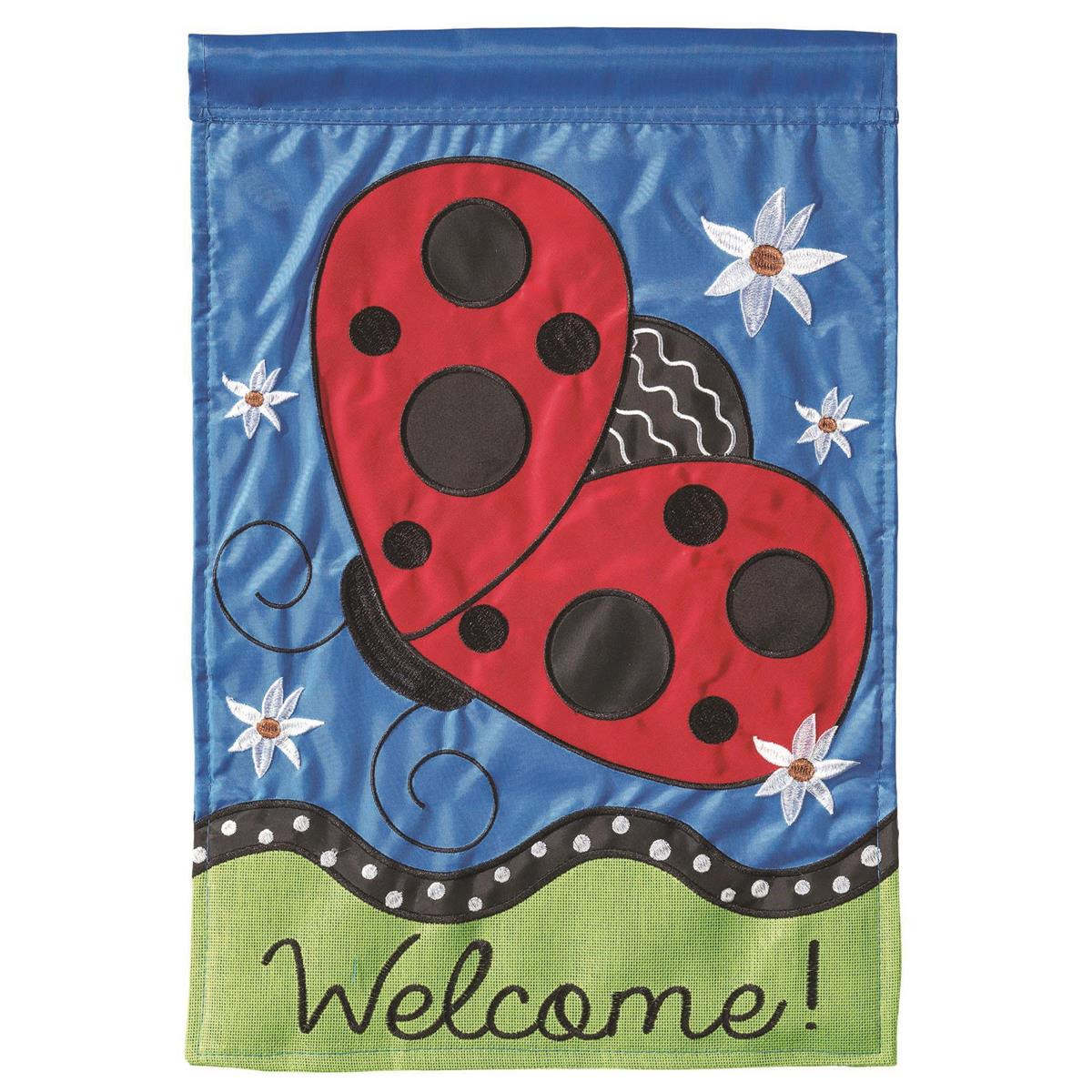 Ladybug Welcome Polyester 29x42 Flag featuring double applique design, durable polyester, and vibrant embroidery for cheerful outdoor décor.