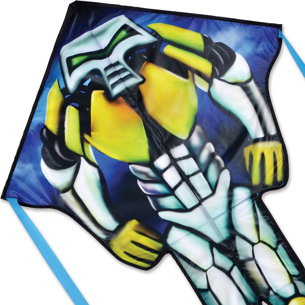 Large Easy Flyer Kite with a vibrant alien robot design, durable nylon fabric, and fiberglass frame, soaring high in the sky.
