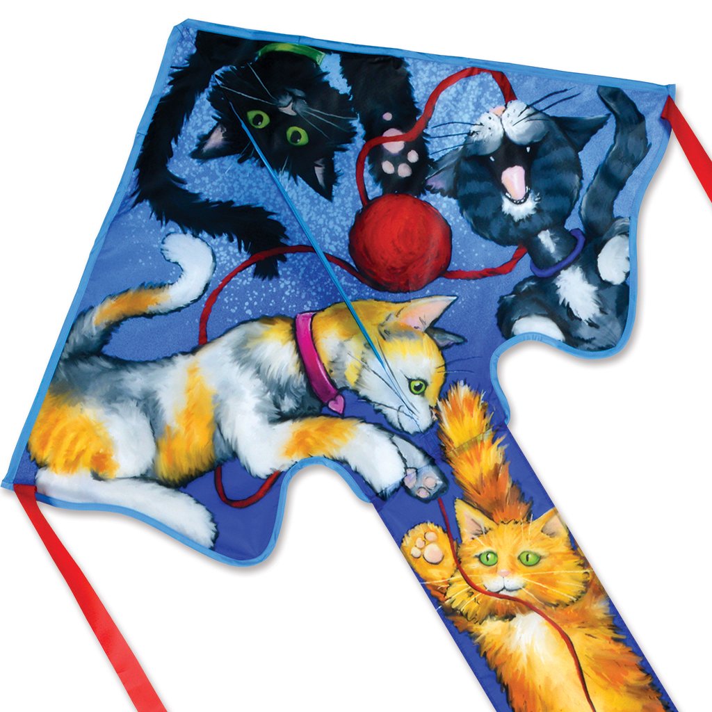 Large Easy Flyer Kite with a playful cat design, durable nylon fabric, and fiberglass frame, soaring smoothly in the breeze.