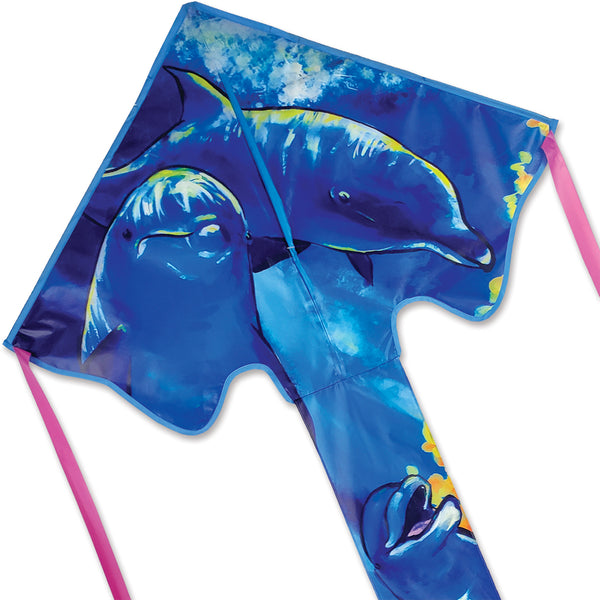 Large Easy Flyer Kite - Dolphin with vibrant design, perfect for stable flying in winds from 5 to 18 mph.
